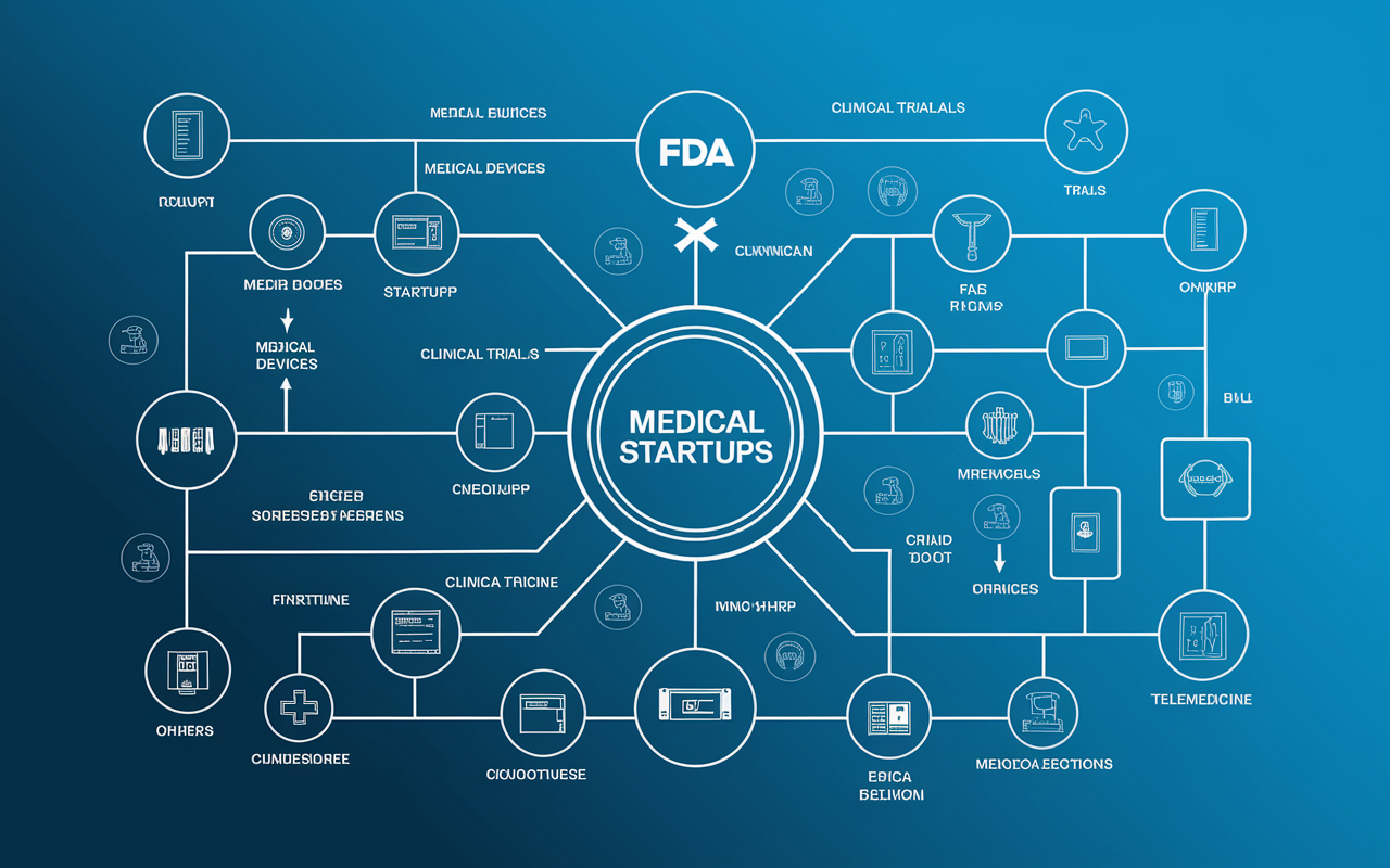 An intricate diagram illustrating the various regulatory bodies that govern medical startups, including the FDA, CMS, and OHRP. The image features interconnected pathways showing how these bodies interact with startups, with icons representing medical devices, clinical trials, and telemedicine. The background is a gradient of blue, symbolizing trust and professionalism, while emphasizing the complexity of the regulatory landscape through clearly labeled sections.