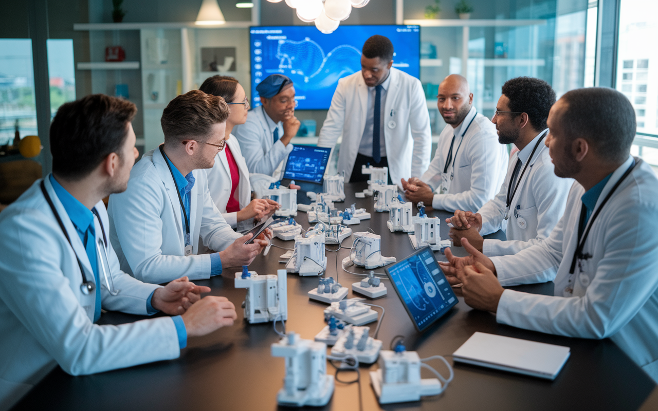 A diverse team of physician-entrepreneurs gathered around a conference table filled with prototypes of medical devices and digital screens displaying data. The room is well-lit with modern decor, fostering a creative environment. Physicians are engaged in a discussion, sharing ideas and insights on improving patient care through innovative solutions. The scene captures collaboration and innovative spirit, highlighting the importance of teamwork in the startup ecosystem.