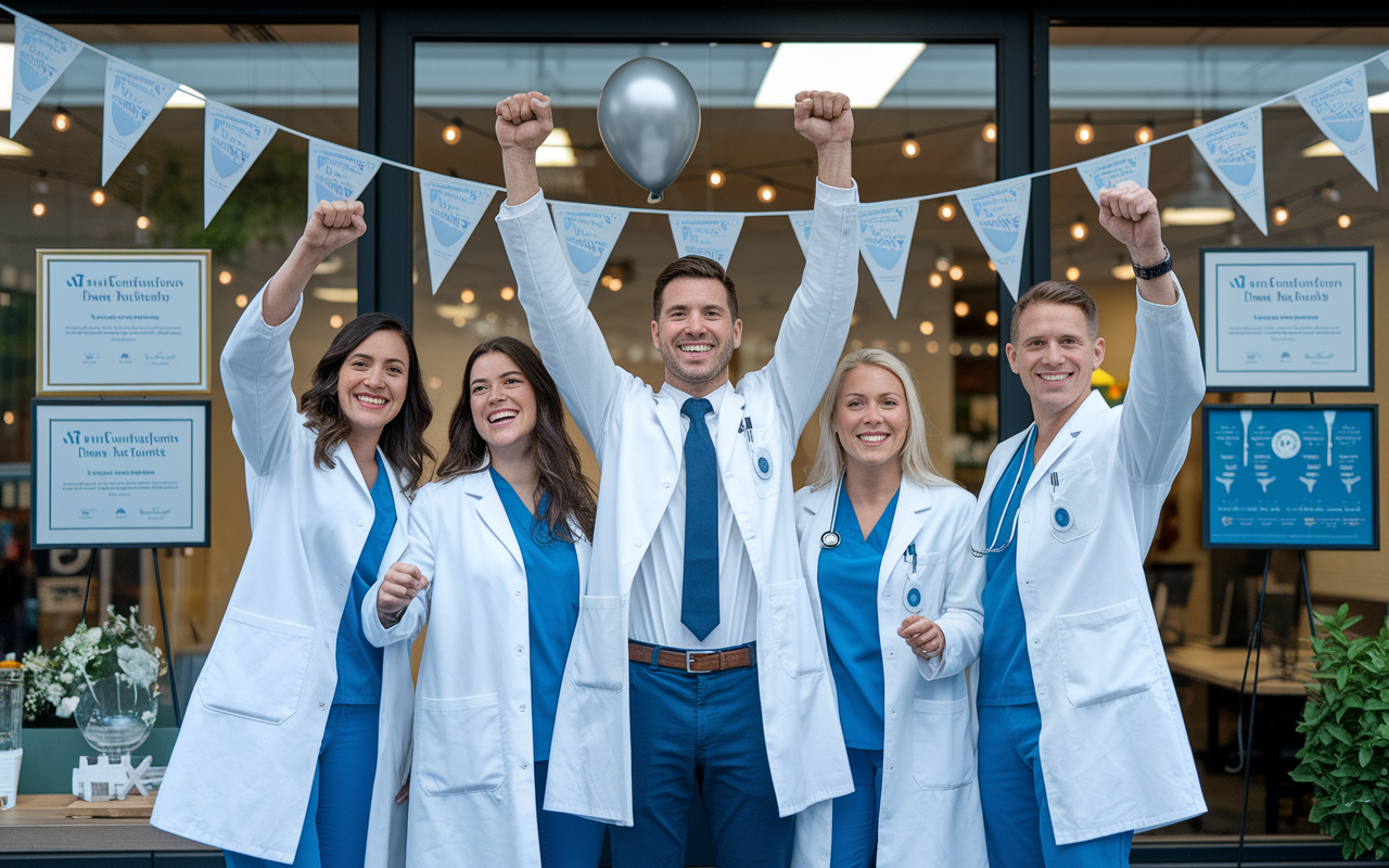 A victorious team of physician entrepreneurs celebrating the successful launch of their medical startup, standing in front of their office decorated with banners and balloons. The mood is jubilant, emphasizing teamwork and success. Award certificates and product prototypes are displayed prominently in the background, highlighting the achievements of innovation in healthcare. Bright lights and smiles capture the essence of triumph and dedication in the startup world.