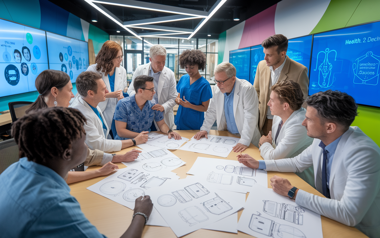 A vibrant workspace filled with sketches and designs for MedTech products on large sketchboards. An enthusiastic group of diverse physicians and engineers collaborate around a table, discussing wearable health technology prototypes. The room is well-lit with modern design elements, featuring digital screens showcasing healthcare applications and software solutions. The atmosphere is energetic and focused, with expressions of determination and creativity reflecting their teamwork in developing innovative healthcare solutions.