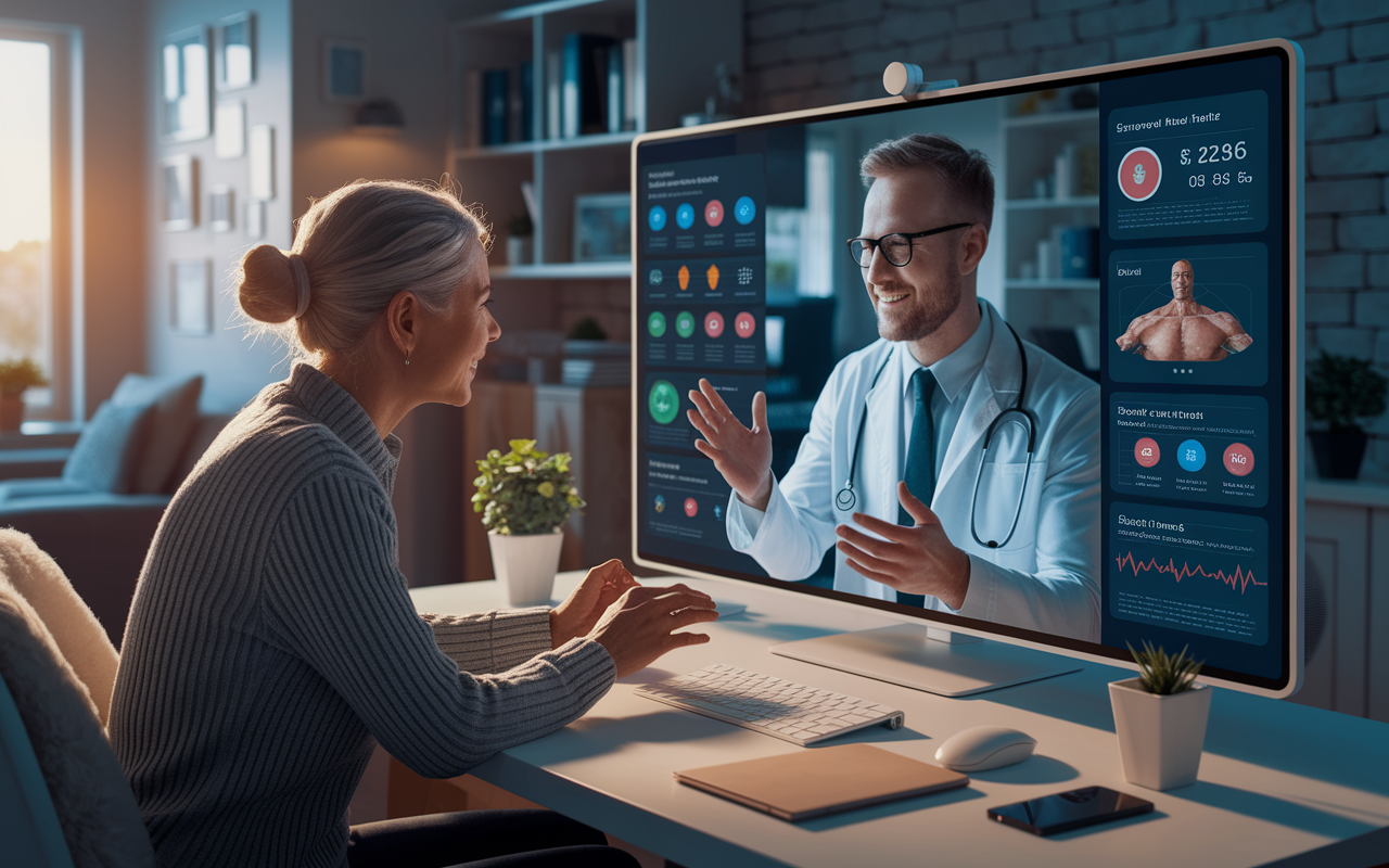 A futuristic telehealth consultation scene where a patient interacts with a physician via a large digital screen. The setting is a cozy home environment for the patient, while the physician appears in a modern office filled with screens showing numerous health metrics. The interaction is warm and engaging, highlighting the effectiveness of telemedicine. Soft ambient lighting creates a comfortable atmosphere, conveying trust and professionalism while reflecting the convenience and innovation of modern healthcare.