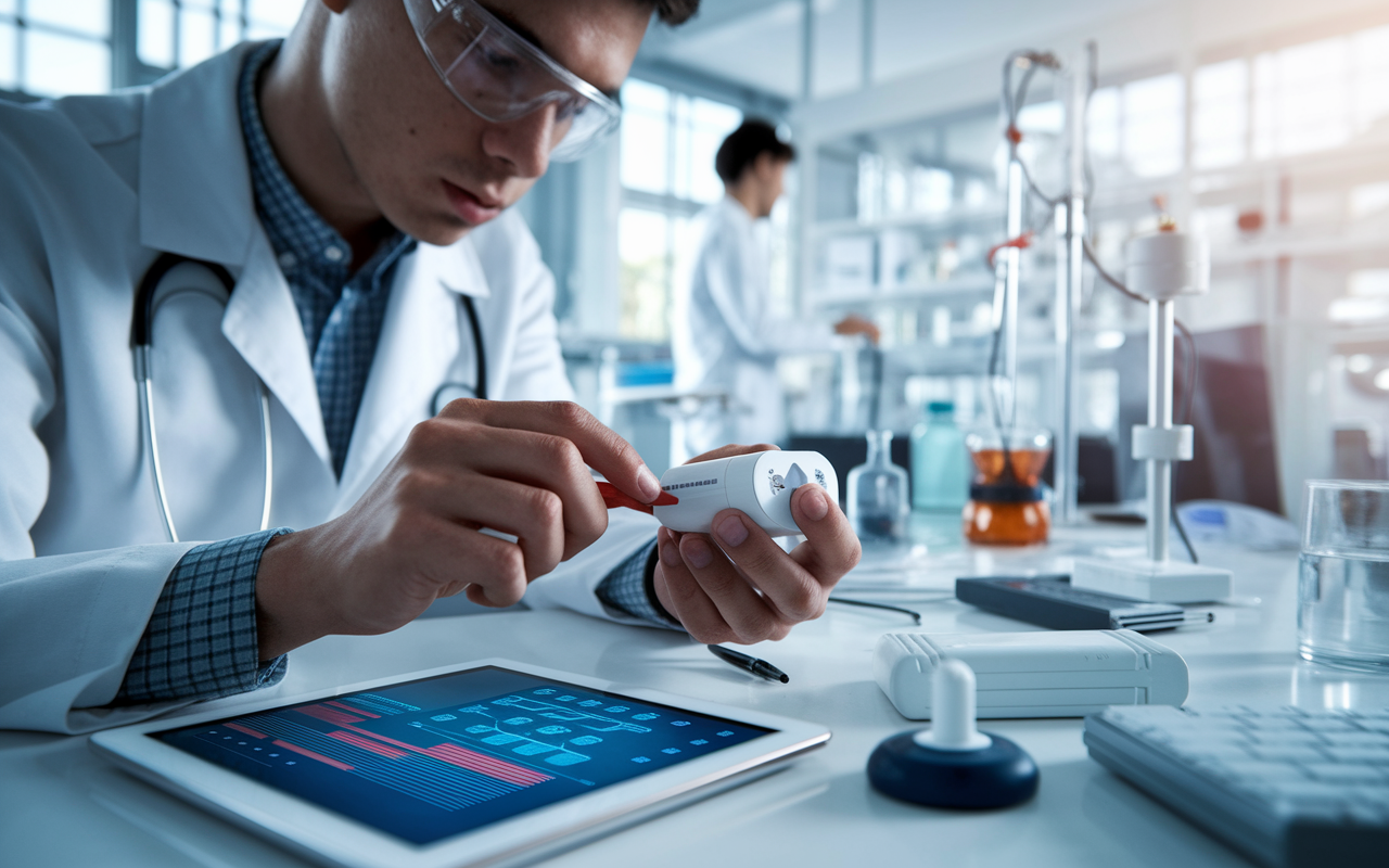 A close-up on a medical engineer working on a prototype of a wearable health device, surrounded by tools and technology in a lab. The engineer, a young man in a lab coat, is focused on the device, with a digital tablet showing real-time health data nearby. The lab is bright and modern, showcasing various medical devices and innovative projects. The atmosphere is intensive and creative, symbolizing the convergence of healthcare and technology innovation.