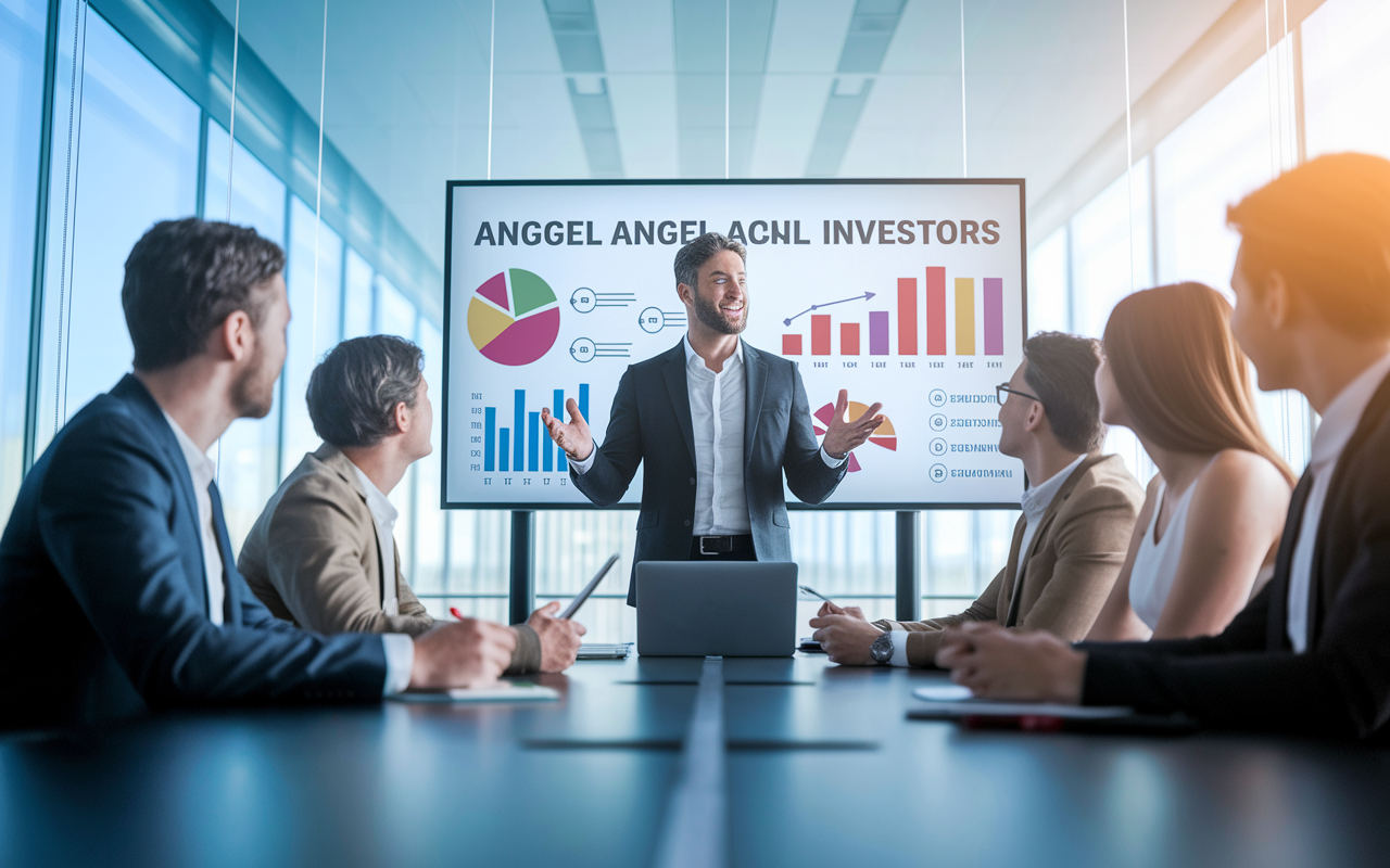 A charismatic entrepreneur delivering a presentation in a modern conference room, surrounded by attentive angel investors. The bright, open space is filled with natural light from large windows. The entrepreneur uses a laptop to showcase a visually appealing business plan on the screen, filled with charts and projections. Investors are nodding, some taking notes, reflecting a positive atmosphere of collaboration and engagement. The colors are vibrant, capturing the excitement of potential funding and partnership.