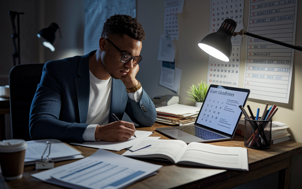 An ambitious entrepreneur seated at a cluttered desk, intensely focused on writing a grant proposal. The desk is littered with research papers, a laptop displaying grant guidelines, and a cup of coffee. A wall calendar marked with submission deadlines and reminders highlights the urgency of the task. Soft light from a desk lamp creates an intimate, focused atmosphere, emphasizing the determination and dedication required for securing funding through grants.