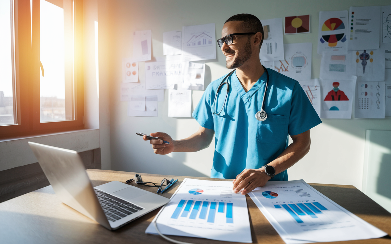 A determined physician, in scrubs, standing in front of a whiteboard filled with charts and ideas, blending clinical environment with business strategy. Bright sunlight streams through the window casting inspiring shadows, while a laptop and medical charts lay on the table, representing the fusion of healthcare and entrepreneurship.