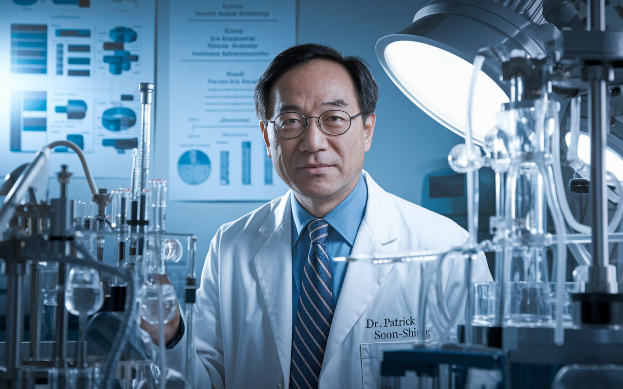 A dynamic portrait of Dr. Patrick Soon-Shiong surrounded by advanced biotech equipment. The background features charts illustrating cancer research and immunotherapy advancements. Soft lab lighting enhances the scene, conveying a sense of urgency and purpose, with a hint of high-tech atmosphere.