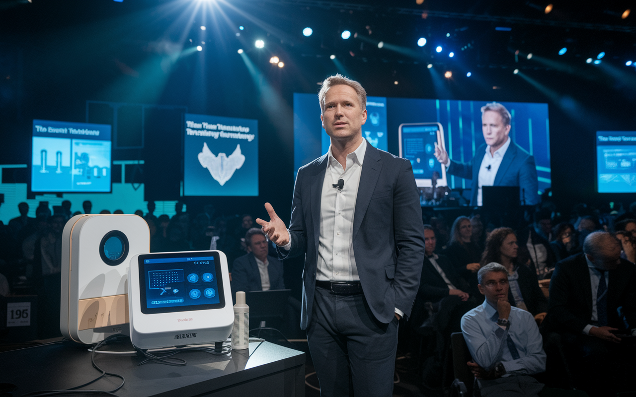 A focused Dr. Eric Topol presenting at a tech conference, standing beside innovative telemedicine devices and digital health technologies. The atmosphere is energetic, with an audience attentively engaged and screens displaying his research. Dramatic stage lighting emphasizes his passion for transforming healthcare through technology.