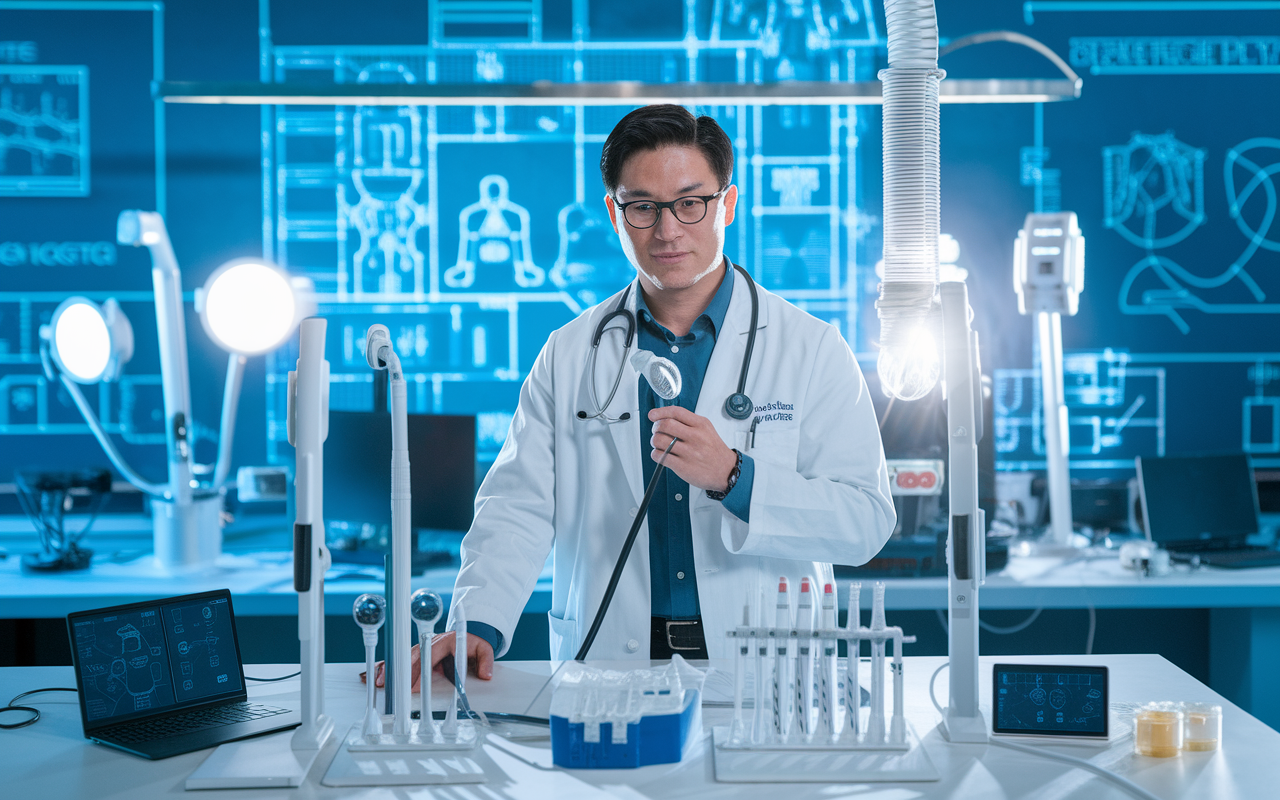 Dr. Ben Hwang in a high-tech lab, wearing a lab coat and connected to various medical devices. The background shows blueprints and prototypes of telehealth technology. Bright, ambient lab lighting reflects an atmosphere of creativity and engineering ingenuity, embodying the fusion of medicine and technology.