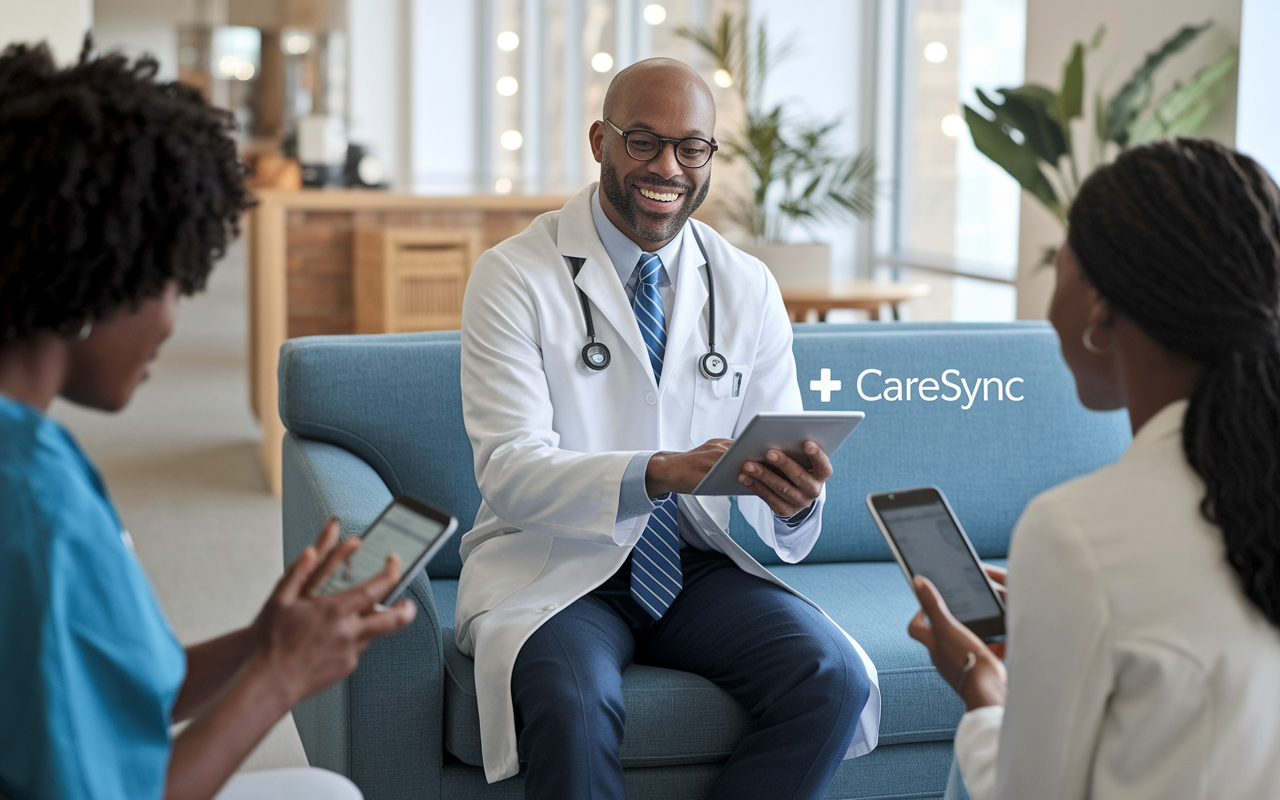 A visionary Dr. Michael Apkon in an open, welcoming office space, interacting with patients through a digital platform. The setting features patients using mobile devices, emphasizing the innovative technology of CareSync. Soft, natural lighting contributes to a comforting and accessible healthcare environment.