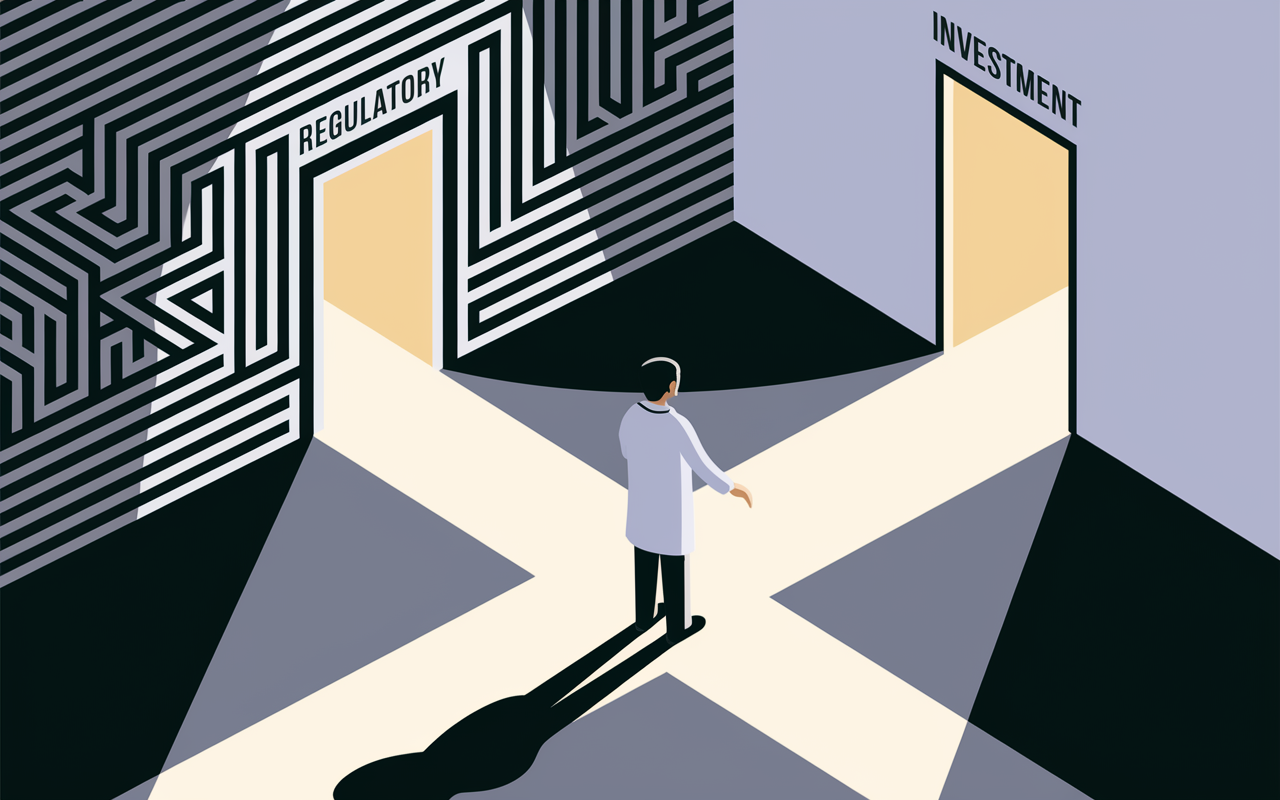 A symbolic image depicting the challenges physician entrepreneurs face, showing a physician at a crossroads: one path leads to a regulatory maze, the other to a door labeled 'Investment'. The scene uses dramatic lighting, with shadows representing uncertainty and hope for future success.