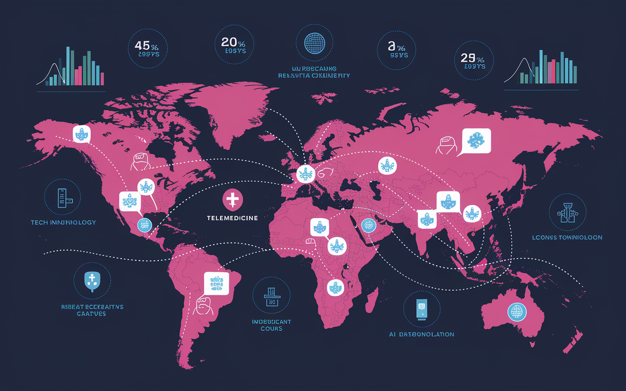 A global map showcasing various health tech startups, with icons representing telemedicine, wearable technology, and AI diagnostics spread across different countries. The map features bright colors highlighting significant cities known for health tech innovation, interconnected by lines representing collaboration and growth. Global statistics and icons float above, depicting rising healthcare costs and the increasing accessibility of digital solutions.