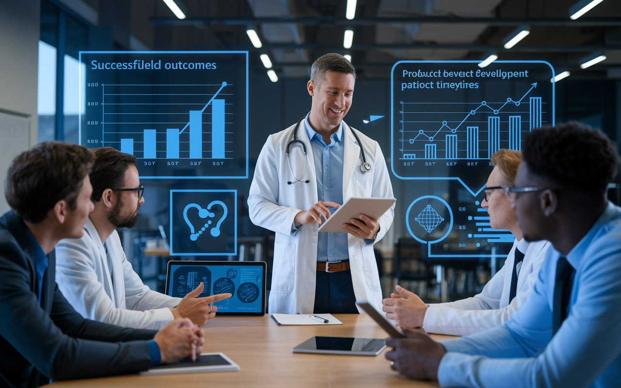 A physician standing confidently in a sleek startup office, consulting with engineers and data scientists over a digital tablet displaying patient data analytics. The scene captures a collaborative atmosphere, with charts on the wall indicating successful clinical outcomes and product development timelines. Emphasizing the bridge between medical practice and technology, the room is filled with modern devices and health tech prototypes.