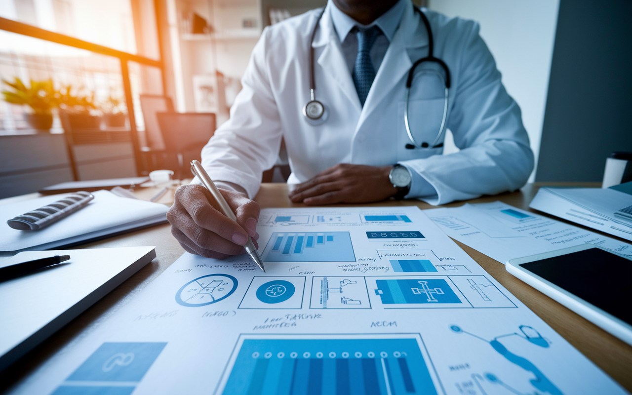 A determined physician working diligently at a desk surrounded by medical charts and digital interfaces, mapping out solutions for healthcare inefficiencies. The setting is a startup workspace with brainstorming notes scattered around, showcasing innovative ideas on how to improve patient care and technology integration. A warm light bathes the scene, emphasizing the passion for change and innovation.