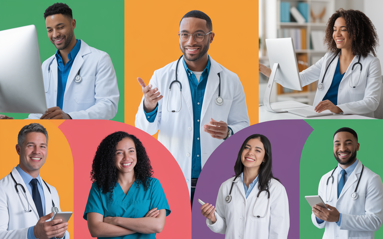 A vibrant collage highlighting successful physician-led health tech startups, including images of Zocdoc, Helium Health, and Ovia Health. Each segment showcases the founders in action, interacting with technology and patients, symbolizing their impact on healthcare innovation. A bright, optimistic color palette conveys the excitement of medical entrepreneurship and successful implementations.