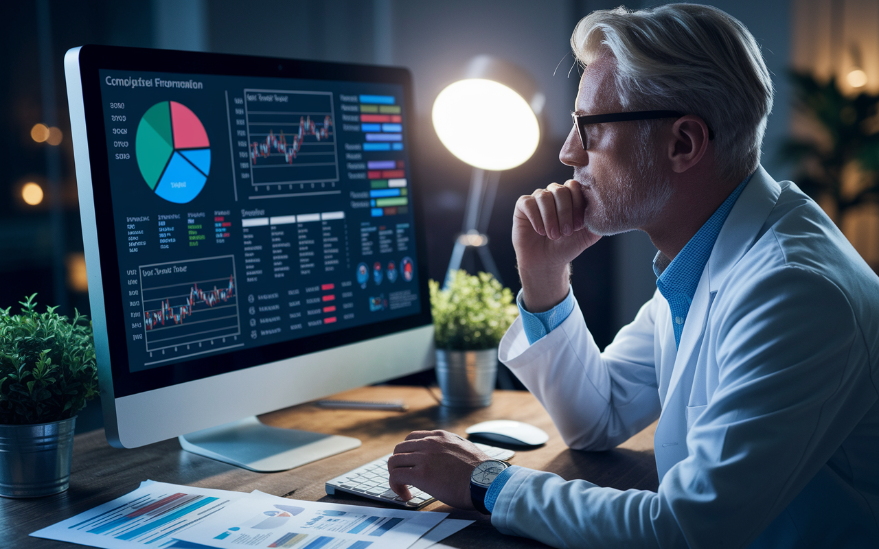 A contemplative physician gazing at a computer screen filled with complex data charts and funding information, highlighting the challenges faced in the startup world. The atmosphere is one of thoughtful analysis, illuminated by a soft glow from the monitor, with documents laying around indicating time management and business modeling efforts. Reflections of career balancing act are evident in the scene.