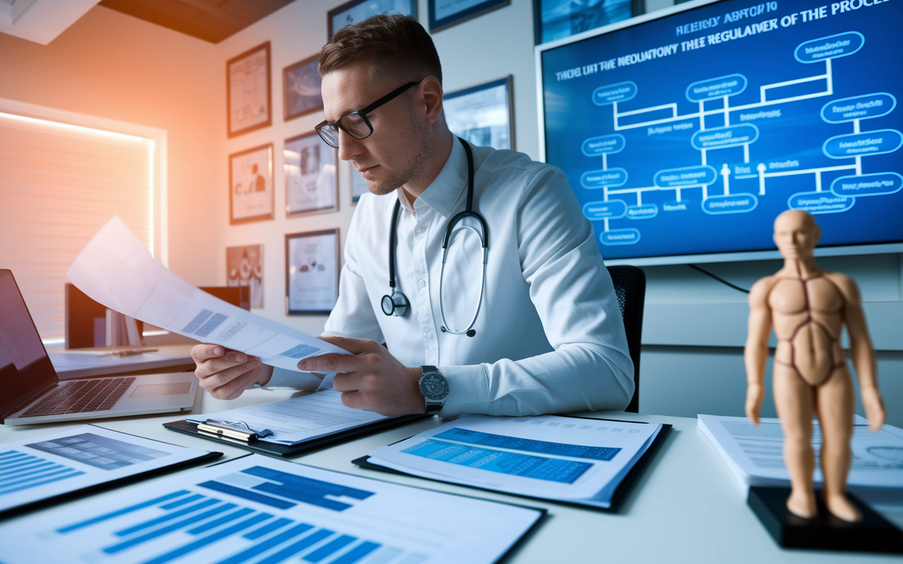 A healthcare compliance officer diligently reviewing legal documents and digital regulatory guidelines in a modern office. The room is filled with medical charts and a large screen displaying a flowchart of the regulatory process. The light is warm and inviting, highlighting the intense concentration on the officer's face. A model of the human anatomy sits on the desk, symbolizing the medical focus of the startup.