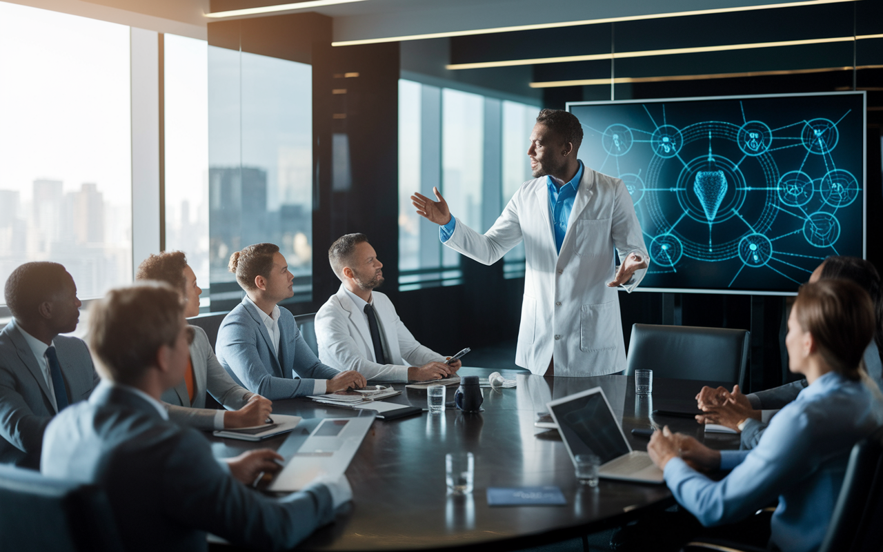 A physician entrepreneur passionately pitching a medical startup idea to a group of potential investors in a sleek, modern conference room. The entrepreneur is animated, gesturing towards a presentation screen displaying innovative health technology graphics. The room is filled with varied individuals, all focused and interested, with natural light pouring in from large windows. The atmosphere is tense yet hopeful, representing the critical moment of seeking funding.