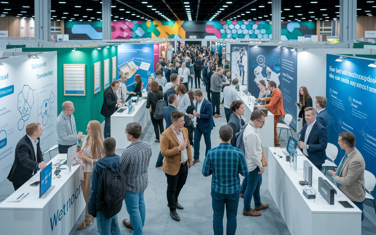 A vibrant marketplace representing various medical startups showcasing their products at a trade fair. Stalls are adorned with innovative technology displays, posters exhibiting unique value propositions, and entrepreneur teams engaging with potential clients. The atmosphere is buzzing with excitement, with colorful graphics and banners in the background creating an energetic and competitive environment.