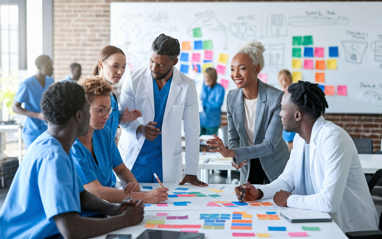 A collaborative team of diverse healthcare professionals brainstorming ideas in a modern workspace filled with technology. They are gathered around a large whiteboard covered in colorful diagrams and notes, reflecting creativity and teamwork. The setting is bright with natural light, fostering a sense of energy and innovation as they discuss their startup’s mission and goals.