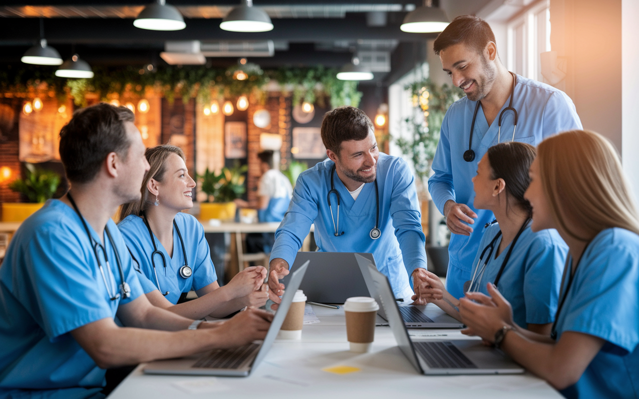 A group of healthcare professionals enjoying a casual team-building activity in a modern office environment, emphasizing collaboration and camaraderie. They are engaged in a friendly discussion around a table with coffee cups and laptops, with warm lighting providing a welcoming atmosphere. The workspace is creatively decorated, showcasing the startup's mission and values.