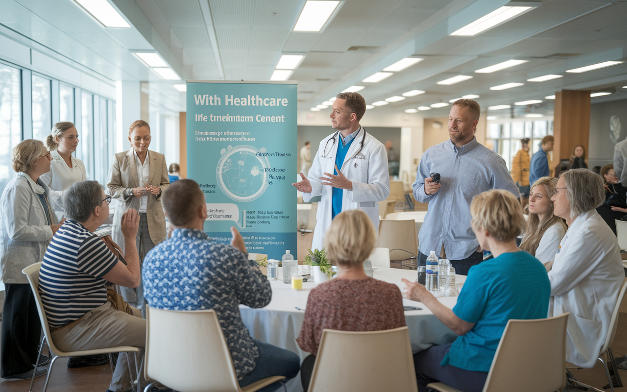 A healthcare workshop taking place in a community center, where a physician is presenting informative content about a new medical solution. Attendees, including patients and healthcare providers, are engaged and asking questions, with visual aids demonstrating the product's effectiveness. The atmosphere is interactive and educational, with bright overhead lighting creating a welcoming environment.