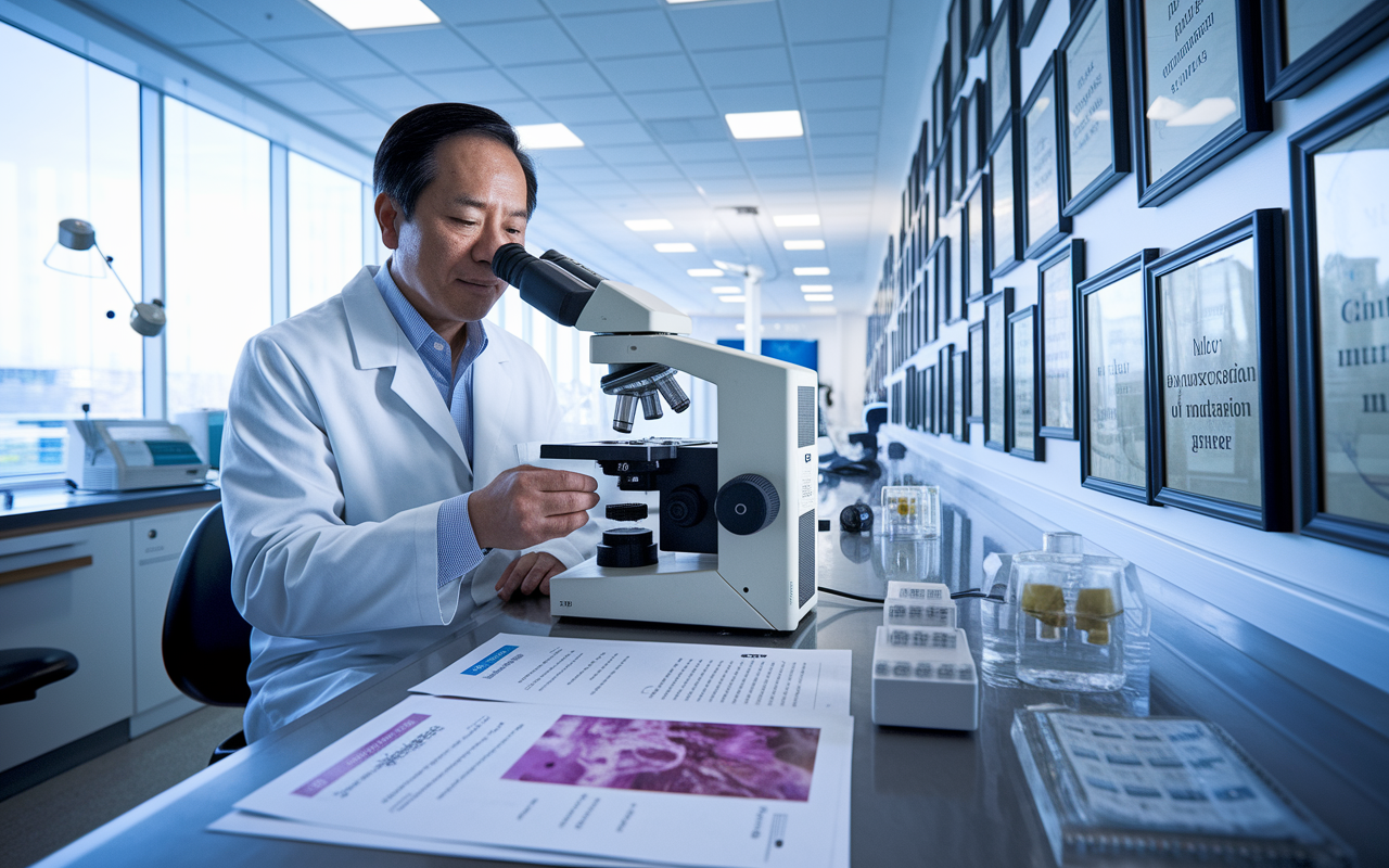 A portrait of Dr. Patrick Soon-Shiong in a modern lab setting, examining samples under a microscope. He is dressed in a lab coat, surrounded by advanced medical equipment, and research papers detailing innovative cancer therapies. The lab is brightly lit, showcasing a wall filled with accolades and framed articles about his contributions to medicine. The atmosphere is one of dedication and innovation, highlighting the intersection of medicine and entrepreneurship.