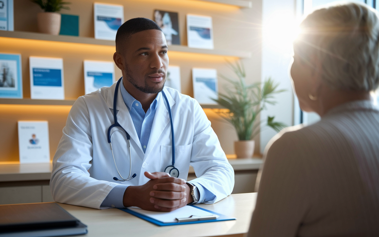 A thoughtful physician sitting at a desk in a consultation room, engaging in a conversation with a patient. The room is designed to be comforting, featuring warm colors and healthcare brochures. The physician listens intently, demonstrating empathy and understanding. Sunlight filters through the window, creating an inviting atmosphere, symbolizing the importance of patient-centered care.