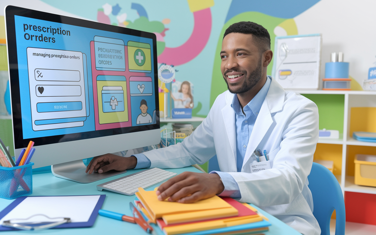 An innovative physician sitting at a computer in a pediatric clinic, developing an application for managing prescription orders. The screen displays a user-friendly interface with colorful graphics and easy navigation. The physician, looking focused and inspired, is surrounded by pediatric medical materials and patient charts. The environment conveys productivity and creativity, influenced by bright colors and a parent-friendly design aesthetic.