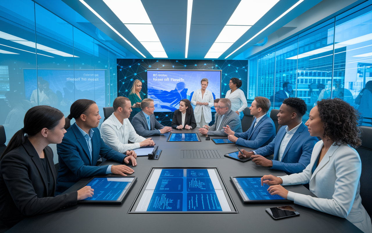 A diverse team meeting in a high-tech conference room, brainstorming ideas for a digital health initiative. The room is equipped with advanced technology like touch screens displaying data analytics and patient information. The energetic atmosphere is filled with collaboration, featuring team members of various ethnicities actively contributing to discussions. Bright, modern decor creates an innovative environment reflecting the synergy between medicine and technology.