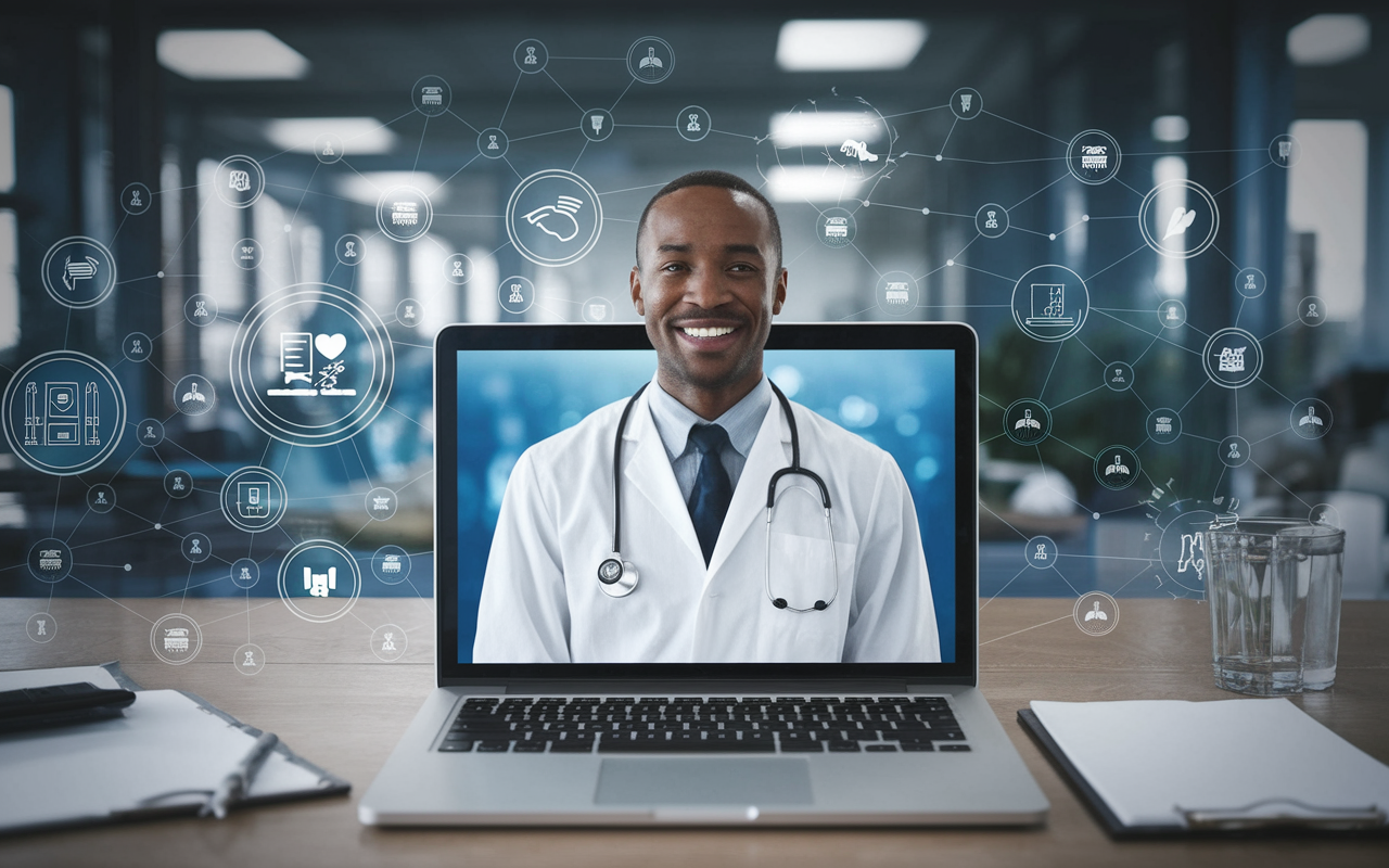 A digital interface of Health 2.0 on a laptop screen, showcasing connections between healthcare providers and patients. The backdrop is a modern office setting, filled with healthcare-related documents and awards. A satisfied physician looks at the screen, indicating the platform's effectiveness. The atmosphere is optimistic, symbolizing the future of efficient healthcare technology.