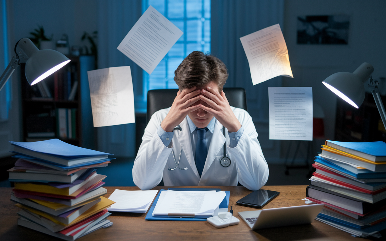 A physician entrepreneur at their desk, visibly stressed while balancing clinical responsibilities, startup papers, and digital devices. The workspace is cluttered with files and medical texts. Dimming lights suggest long hours and the struggle of managing dual roles. The scene conveys the challenges physicians face in balancing clinical work with entrepreneurial ambitions, bringing to light areas of needed support and resilience.