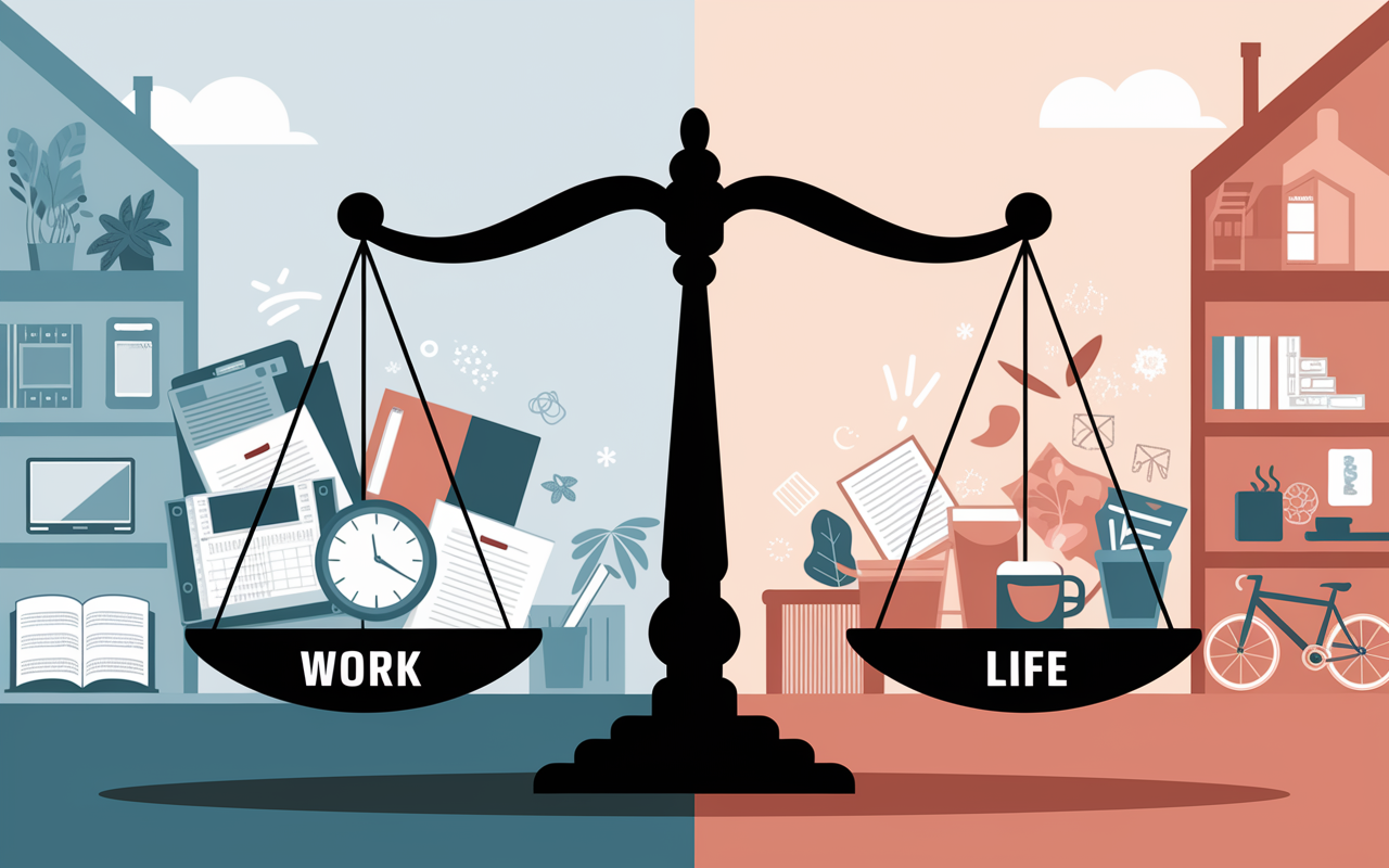 A conceptual illustration depicting work-life balance, with scales showing 'Work' on one side filled with office items like a laptop, papers, and a clock, and 'Life' on the other side with symbols of family, hobbies, and relaxation like a book, bicycle, and a coffee mug. The background features a peaceful blend of home and corporate elements, the left side cooler and corporate-themed while the right side has warmer, homely tones representing comfort and family life.