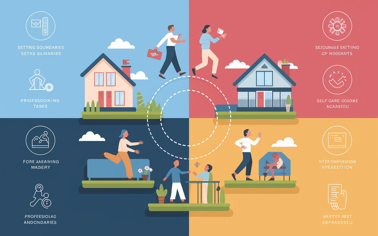 A dynamic infographic illustrating practical strategies for achieving work-life balance. On one side, visually engaging icons representing setting boundaries, prioritizing tasks, and self-care activities like exercise and relaxation. The background is split into vibrant sections reflecting personal and professional elements, integrating imagery of home and office life. Use appealing colors and clear styles to convey balance and harmony, fostering an understanding of the concepts presented.