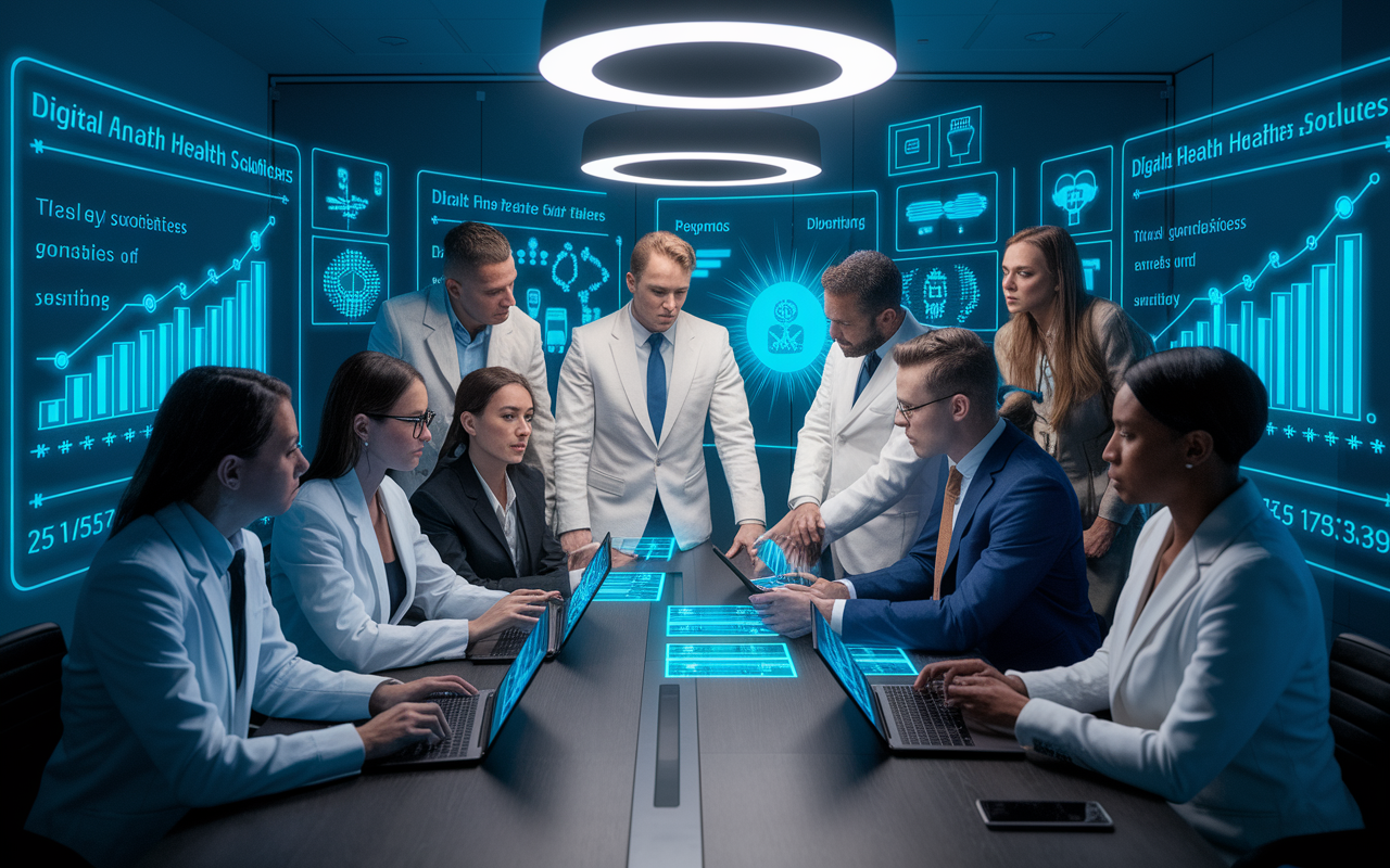 A dynamic scene in an investor meeting focused on a digital health startup pitch. A group of healthcare professionals and investors are gathered around a conference table, examining presentations on tablets and laptops. The room is filled with holographic projections of data analytics and digital health solutions, highlighting the growth statistics. Intense expressions of interest and contemplation illuminate the ambiance under soft overhead lights.