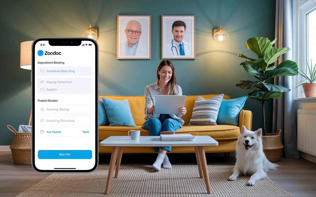 An eye-catching depiction of a Zocdoc interface on a smartphone, showcasing a seamless appointment booking process. A happy patient sitting in a cozy living room, preparing for a video consultation with a physician on a tablet, accented by warm home lighting and modern decor. A watchful pet nearby, symbolizing the comfort of home healthcare.