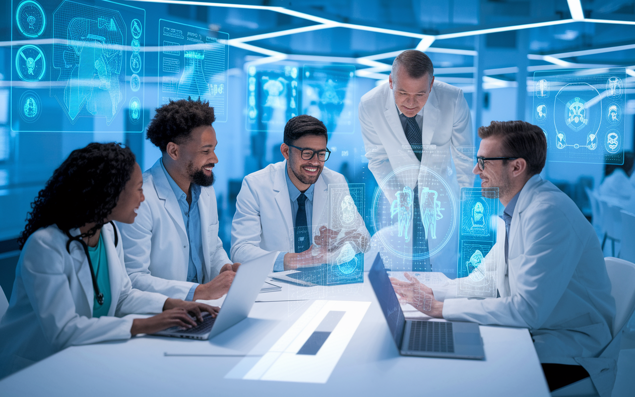 Diverse physicians working collaboratively in a futuristic office filled with technology and health data displays. The environment is bright and welcoming, showcasing holographic interactions with patients' health data. The atmosphere is one of enthusiasm and engagement, emphasizing teamwork and innovation in reshaping healthcare delivery.