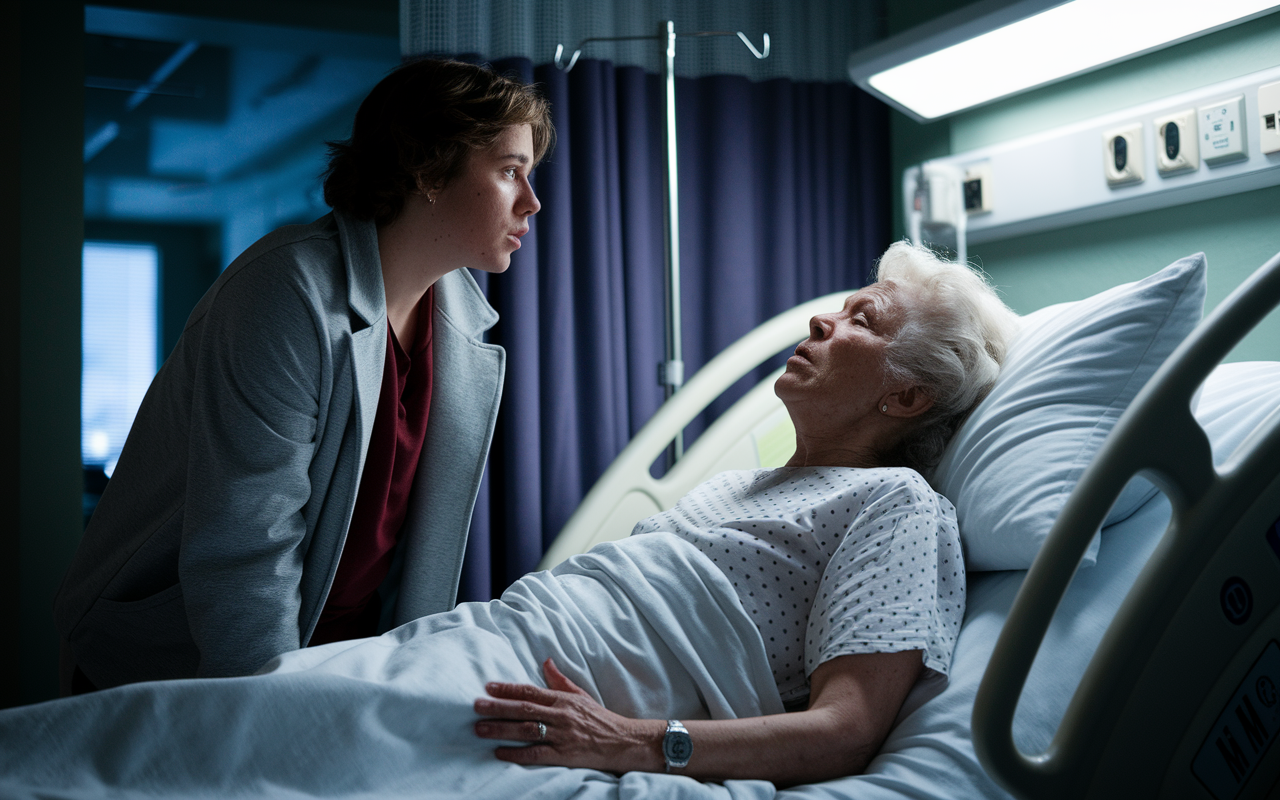 A dramatic scene of a young person standing by a hospital bed, watching an elderly woman struggling to breathe during an asthma attack. The person displays a mix of fear and fascination, capturing a moment of revelation about the importance of medical intervention. The room is softly illuminated by overhead lights, highlighting the urgency and emotional intensity of the situation.