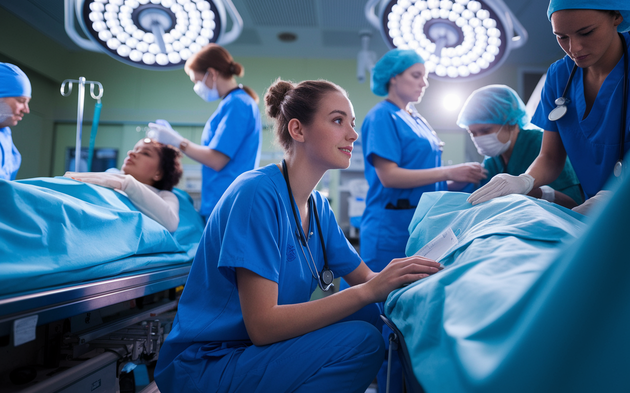 A young medical volunteer working energetically in a bustling emergency room, interacting with patients and healthcare staff. The young volunteer is kneeling beside a patient, offering comfort and support, while medical professionals around them attend to other patients. The environment is vibrant with action, showcasing the intense energy of a hospital setting, with surgical lights casting a warm glow.