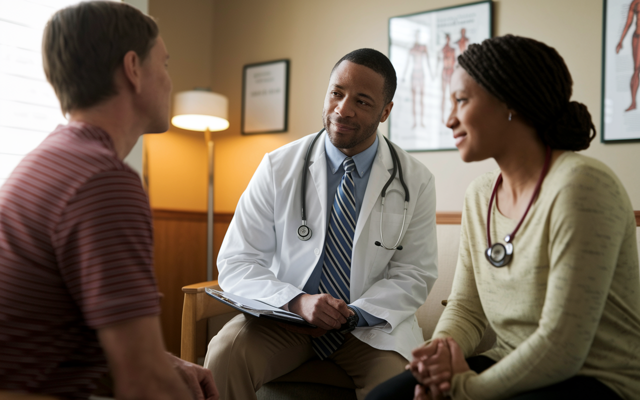 A candid scene of a medical student shadowing a seasoned family physician in a consultation room. The physician is attentively listening to the patient, who is expressing concerns, while the student observes with a notebook in hand, taking notes. The room is warmly lit, with medical charts on the walls, indicating a nurturing doctor-patient relationship. Emphasis on the connection formed through dialogue and care.