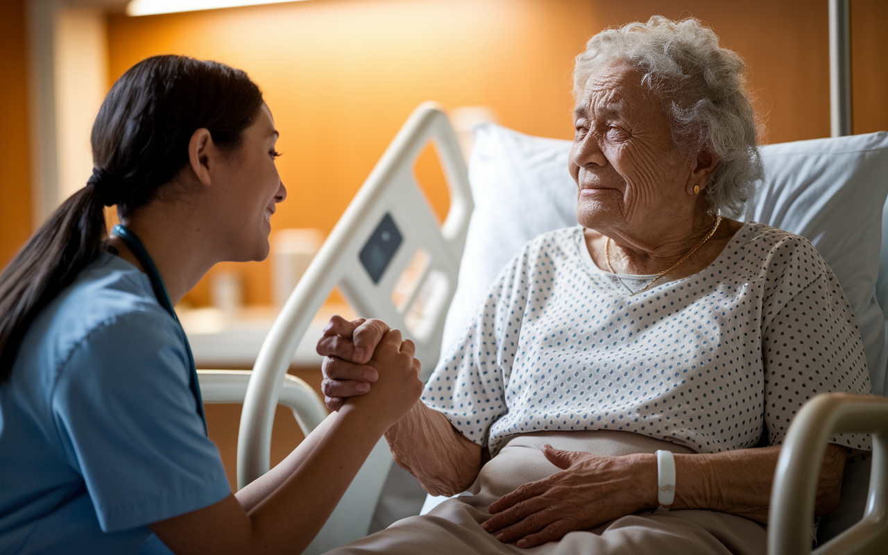 A poignant moment where a medical student kneels beside an elderly patient in a hospital, holding their hand and offering comfort. The patient's face shows relief and gratitude, with tears in their eyes. The backdrop is a warm, softly lit patient room, emphasizing human connection and care. The scene embodies empathy in action.