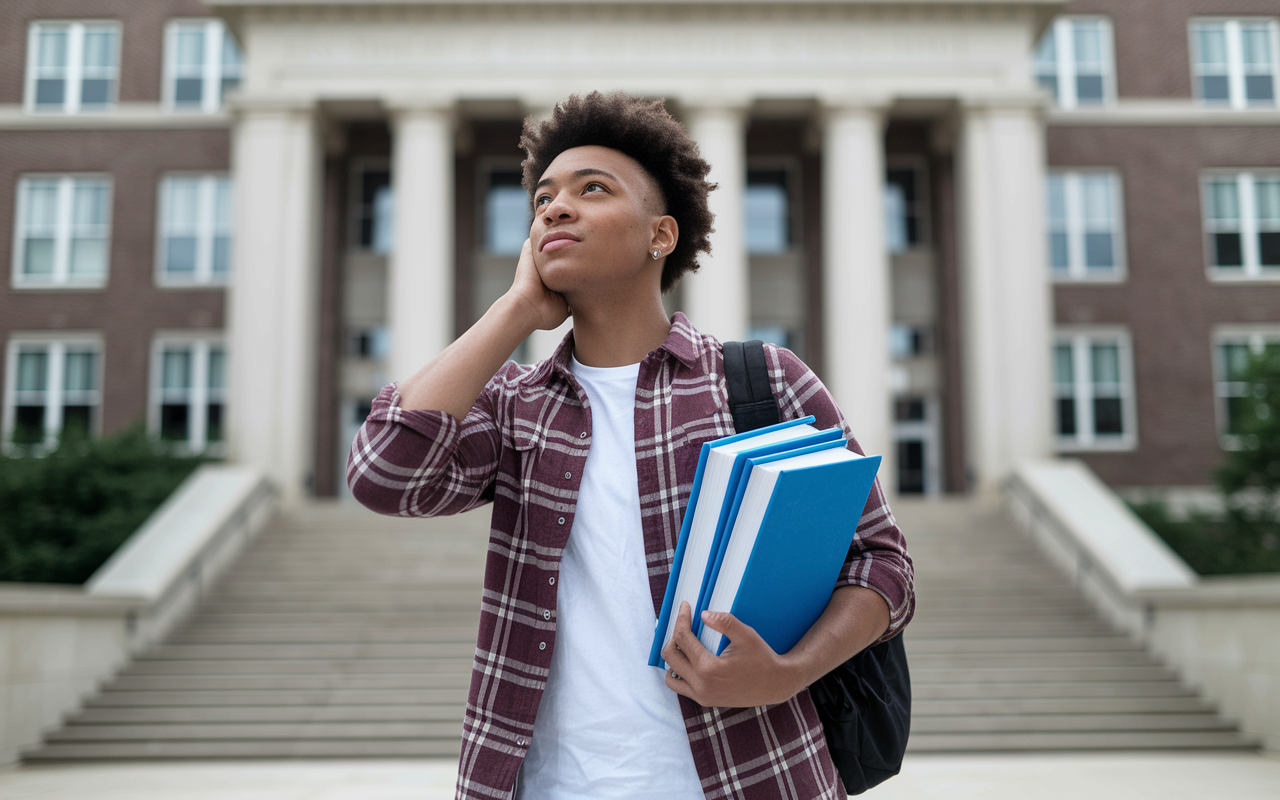 A reflective pose of a young adult standing in front of a medical school building, looking inspired and determined. They hold a stack of books related to medicine in one hand and have a thoughtful expression, symbolizing their commitment to the journey ahead. The architecture of the building looms in the background, suggesting a hopeful future in the medical field.