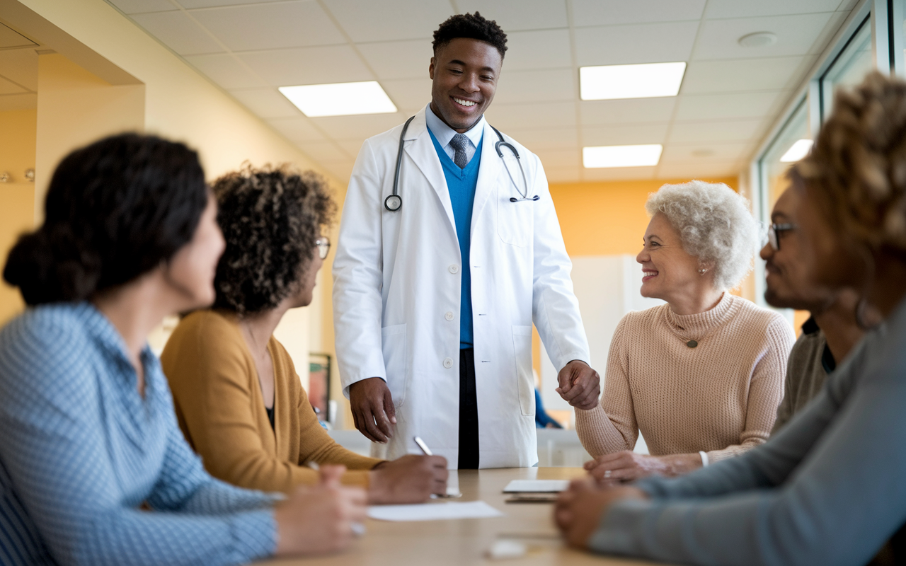 A visionary scene of a medical graduate in a white coat standing before a group of diverse patients in a community clinic, exuding confidence and determination as they discuss health initiatives. The warm atmosphere of the clinic resonates with hope and advocacy, highlighting the commitment to serve marginalized communities.