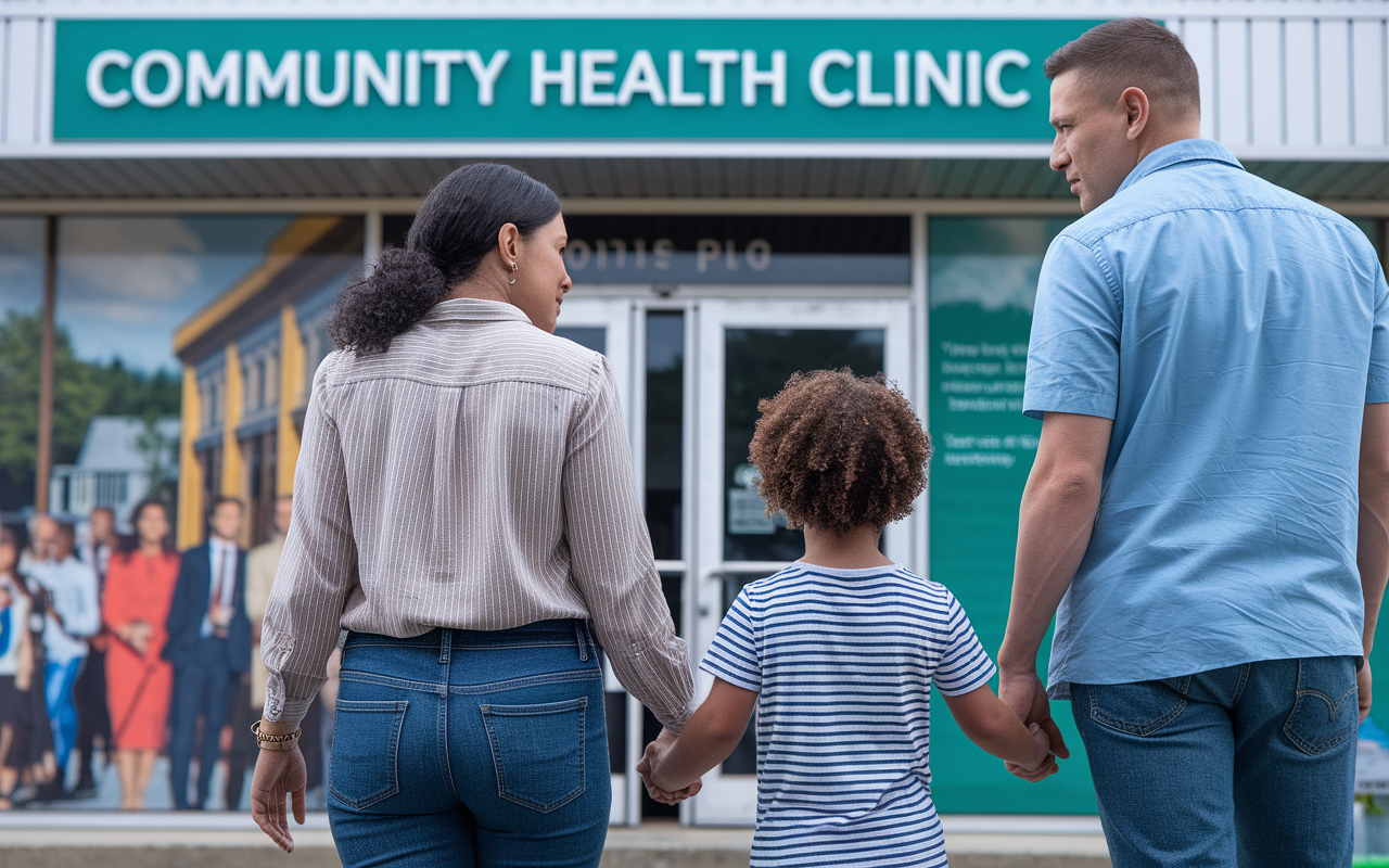 A childhood scene of a young child, raised in an immigrant family, standing with their parents outside a community health clinic, looking determined and hopeful. The parents convey a sense of concern while the child gazes at the sign of the clinic, symbolizing the desire to break down barriers and pursue a medical career. The background features a vibrant community scene, emphasizing a commitment to help.