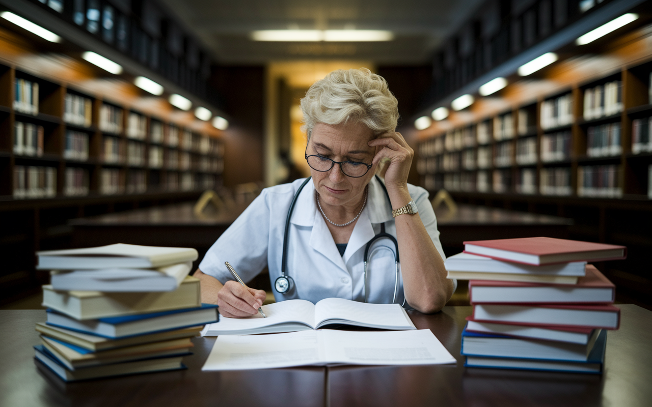 A non-traditional medical student, an older woman with glasses, studying intensely in a quiet library. Surrounded by stacks of textbooks and notes, she appears focused and slightly stressed, with a soft light illuminating her workspace. The library features wooden tables, warm lighting, and shelves filled with books, creating an atmosphere of academic dedication.