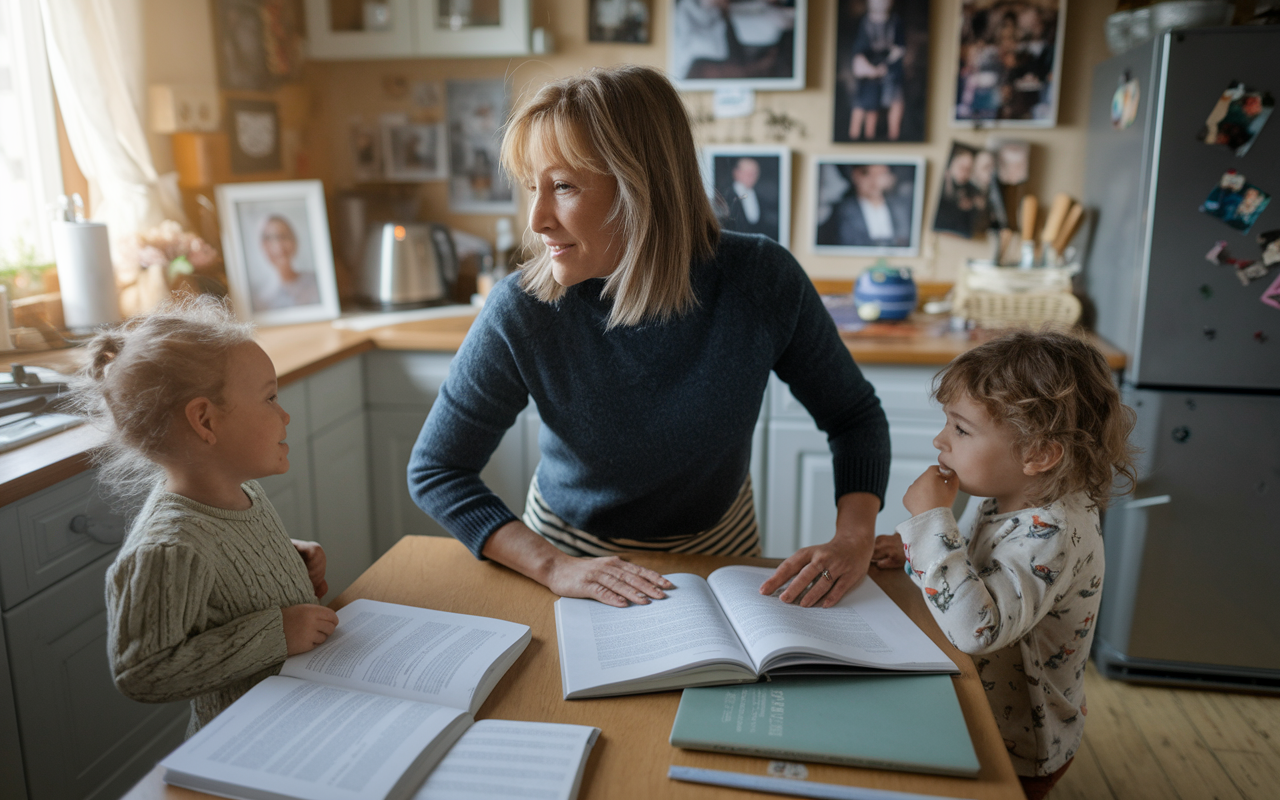 A woman in her 30s, Christine, multitasking at home: studying with textbooks open on a kitchen table while keeping an eye on her two young children playing nearby. The room is warmly lit, filled with family photos and a hint of chaos, reflecting the balance of motherhood and academic ambition.