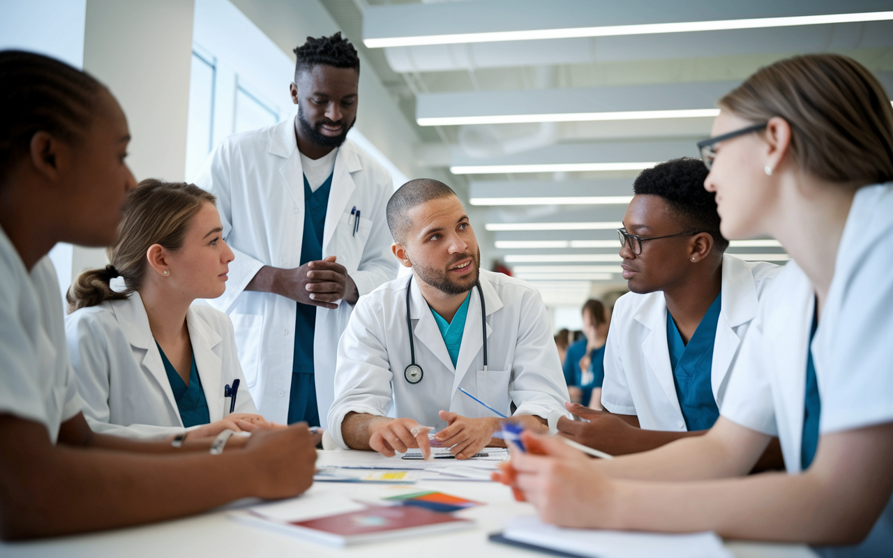 A group of diverse medical students engaged in a group project in a bright, modern study space. David, a 35-year-old man, shares his insights while younger classmates listen intently. The atmosphere is one of collaborative learning, showcasing various expressions of engagement and inclusivity.