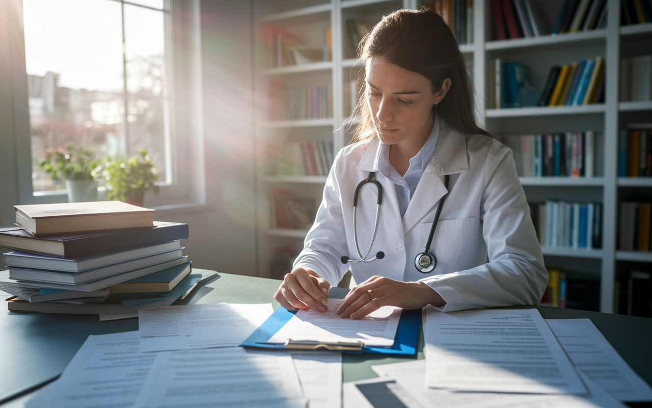 A woman seated at a desk filled with medical textbooks and paperwork, Sarah, focusing intently on her residency application. The room is brightly lit with afternoon sunlight streaming through a window, reflecting a mixture of hope and pressure. Papers are scattered around, showing drafts and notes, symbolizing her journey and determination.