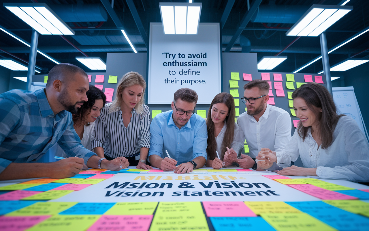 A dedicated team brainstorming their mission and vision statement for a medical startup, surrounded by colorful sticky notes and whiteboards filled with ideas. The setting is dynamic, illuminated by bright overhead lights and featuring an inspiring quote framed on the wall. Emotions of enthusiasm and passion are reflected in their expressions as they collaborate to define their purpose.