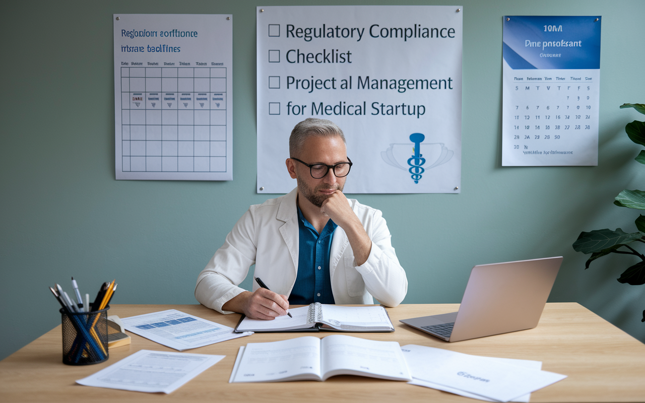 An operations manager working at a desk covered with compliance documents and a laptop running a project management software for a medical startup. A regulatory compliance checklist is displayed prominently, and a calendar on the wall indicates important deadlines. The room has a calm and professional atmosphere, emphasizing attention to detail and the importance of adhering to healthcare regulations.