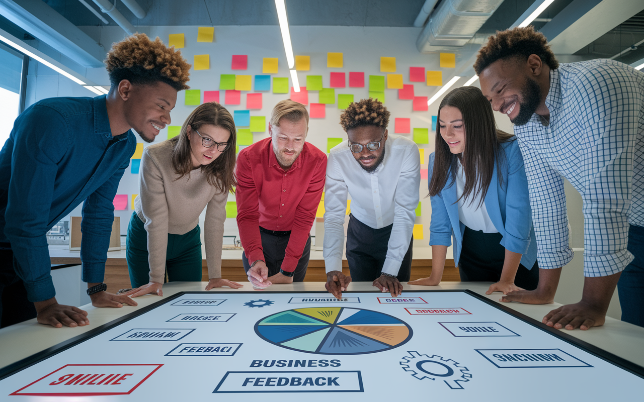 A group of diverse entrepreneurs in a vibrant office space revising their business plan based on feedback. They are gathered around a large screen displaying updated strategies and insights. The environment is lively, with brainstorming sticky notes, and a whiteboard showing agile workflows. The mood is determined and hopeful, symbolizing adaptability and continuous improvement.